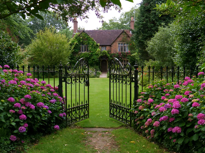 The scene shows a traditional country house exterior framed by colorful flowers and greenery.