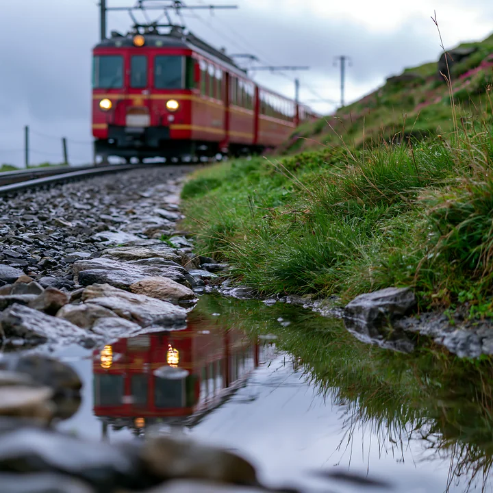 The scene shows a train passing by an abandoned lighthouse on a remote coast with a rocky path and water reflecting the train.