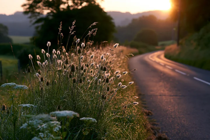 The scene shows a winding country road lined with tall grasses and wildflowers during sunset, with sunlight casting warm tones across the landscape.