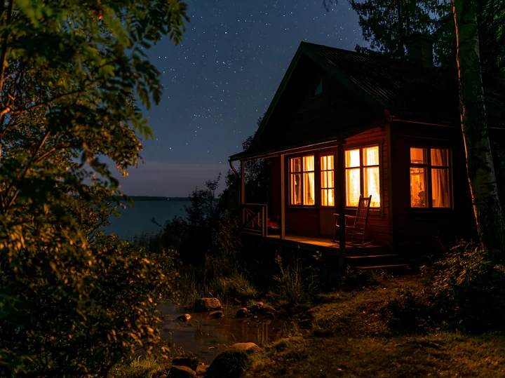The scene shows a wooden house beside a starry lake at night.