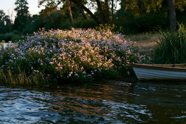 The scene shows an island covered with sweet peas near a riverbank with a small boat beside it during sunset.