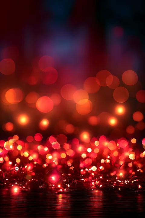 The scene shows bright red and orange festive lights creating a warm atmosphere.