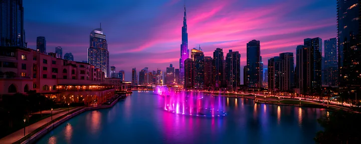 The scene shows the Dubai skyline with illuminated buildings and a large fountain display in the water.