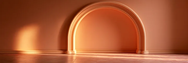 The setting features a large arched doorway in a soft light, creating a warm atmosphere.