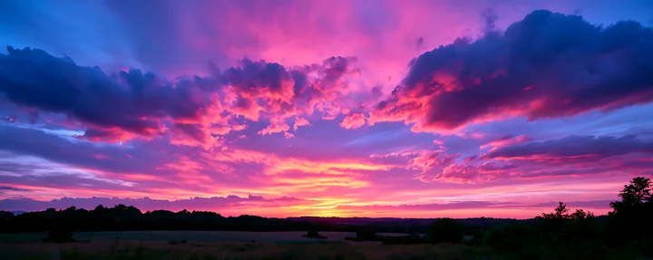 The sky displays a mix of pink, purple, and blue hues as the sun sets over a rural field.