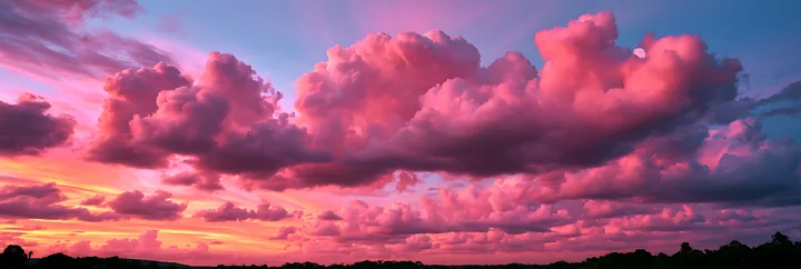 The sky displays pink and purple clouds at sunset over a landscape.