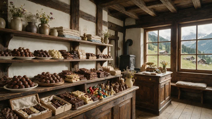 The Swiss chocolate shop interior showcases a variety of chocolates arranged on wooden shelves.