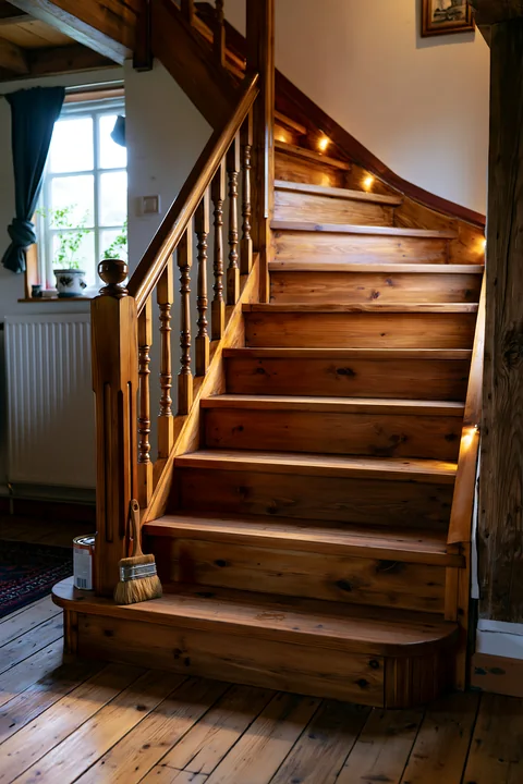 The wooden staircase features warm lighting and a cozy atmosphere typical of a country house renovation scene.