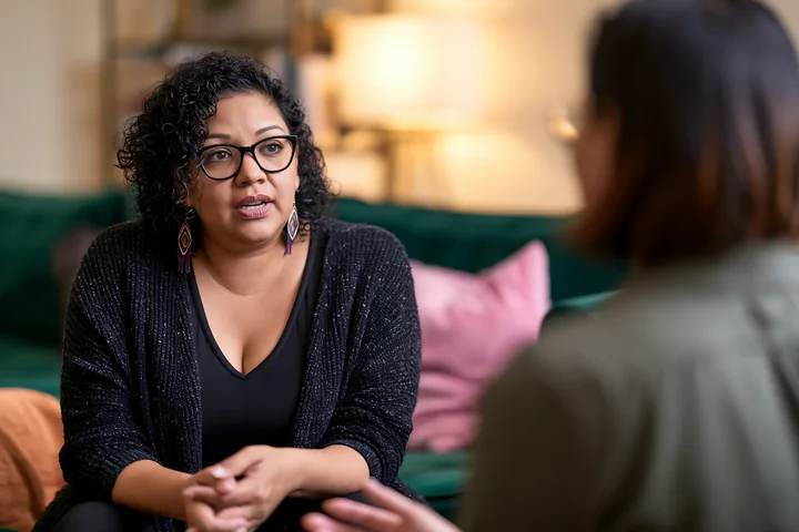 Therapist listens attentively to a bereaved person during a counseling conversation in a comfortable living room.