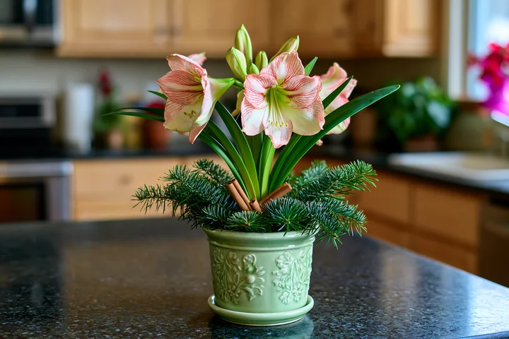This arrangement features pink flowers in a ceramic pot placed on a kitchen countertop.