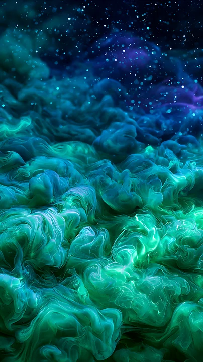 This artwork features vibrant swirling colors resembling ocean waves.