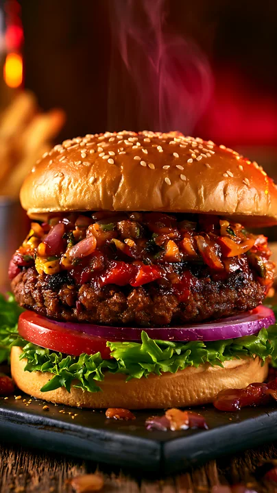 This burger features a thick beef patty topped with onions, tomatoes, and a mix of peppers on a sesame seed bun.