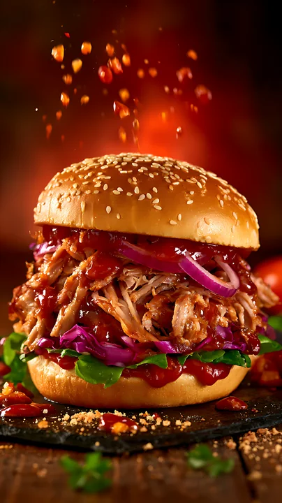 This burger features pulled pork layered with red onions and greens, nestled in a sesame seed bun.