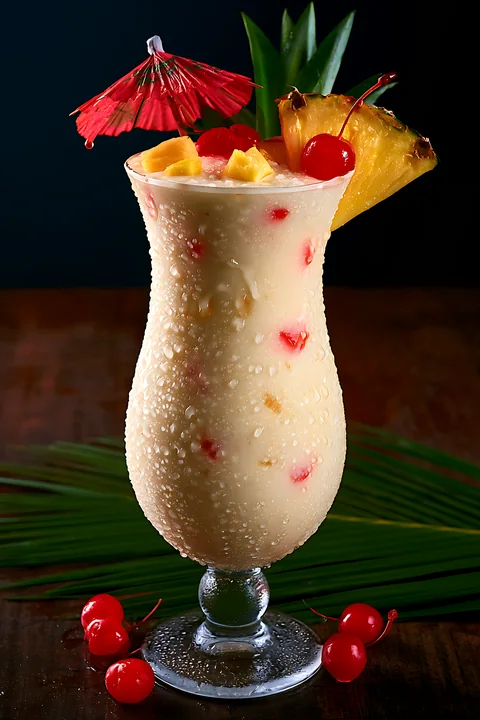 This drink features a blend of fruit, including cherries and pineapple, with a decorative umbrella.