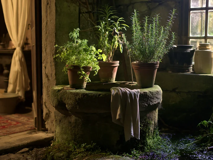 This farmhouse courtyard features a stone well adorned with potted herbs.