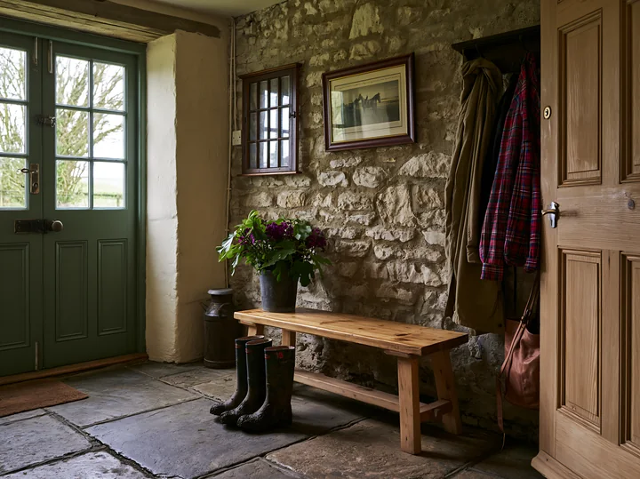 This farmhouse interior features a cozy entryway with an exposed stone wall.