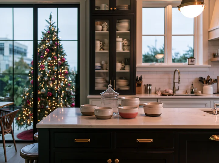 This kitchen features a marble countertop with various bowls and a large Christmas tree visible through a window.