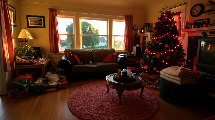 This living room features a Christmas tree with lights and presents scattered around.