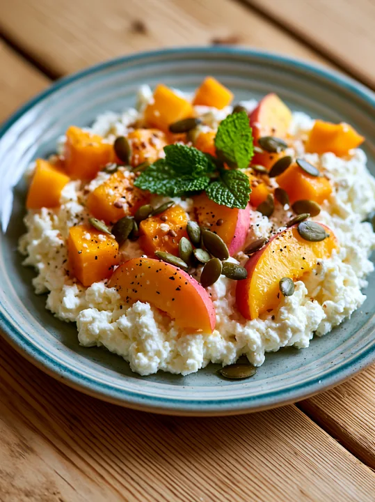 This plate features cottage cheese topped with peach and pumpkin seeds on a wooden table.