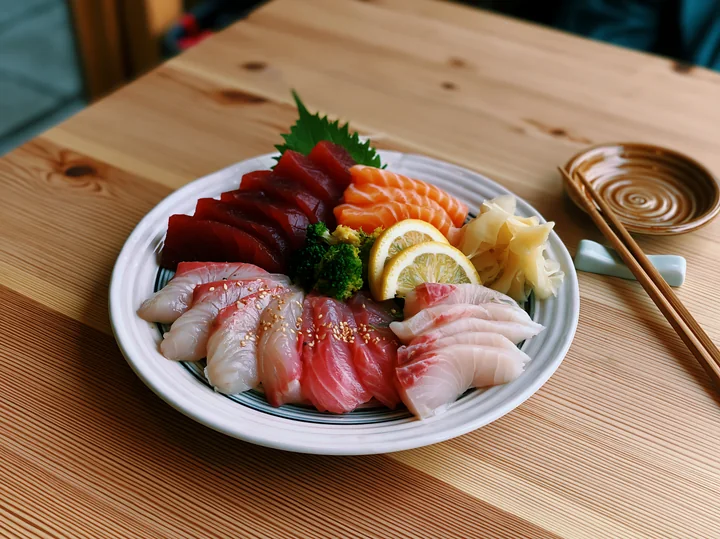 This platter features various types of sashimi, garnished with pickled ginger and lemon slices, resting on a wooden table in a casual dining setting.