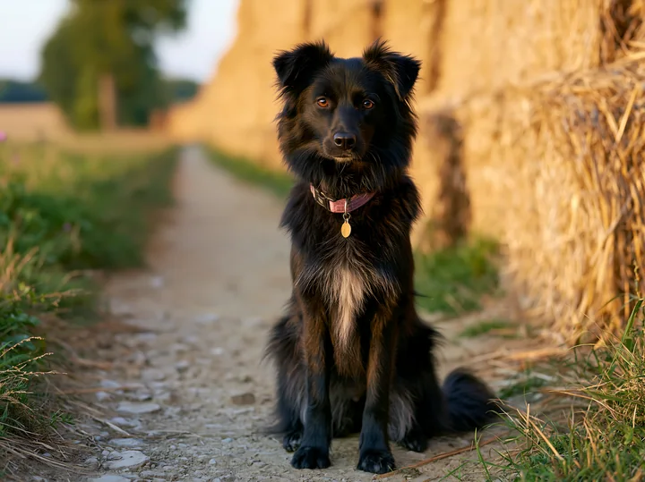 This rare dog breed looks directly at the camera while sitting on a path next to stacks of hay bales.