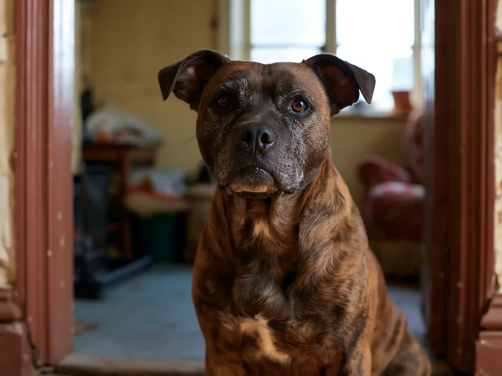 This rare dog breed with a brindle coat sits in a doorway of a home.