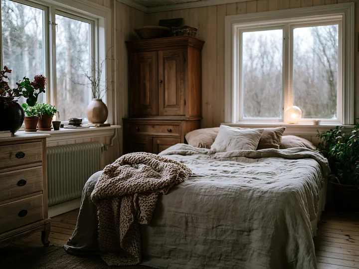 This rustic bedroom features a bed with linen bedding, wooden furniture, and large windows allowing natural light to fill the space.