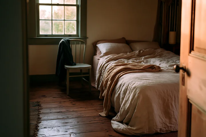 This rustic bedroom showcases a bed with linen bedding, a chair, and wooden floors.
