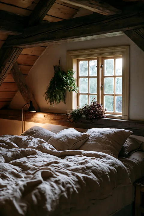 This rustic bedroom with linen bedding showcases a cozy space with wooden beams and a sunny window.