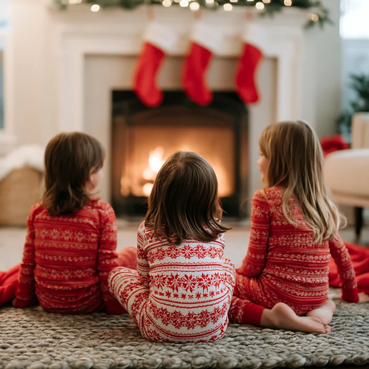 Three children in matching pajamas sit on a rug near a cozy fireplace.