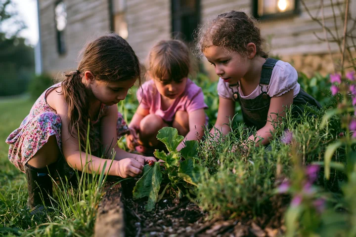 Three children play together in a farmhouse garden, focusing on plants and dirt as they dig and discover.