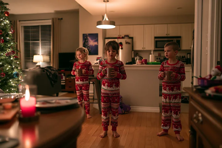 Three children stand in matching pajamas holding mugs in a warm living room with Christmas decorations.