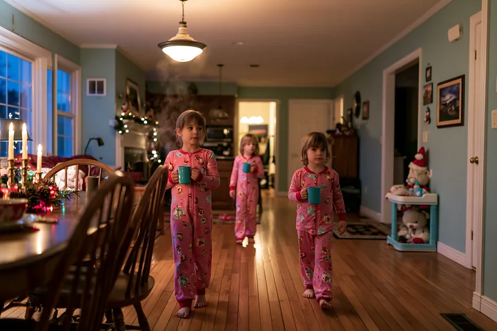 Three children wearing matching pajamas walk through a cozy living room while holding mugs.