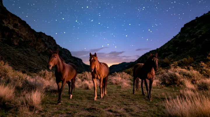 Three horses stand on a grassy trail between rugged mountains beneath bright stars at twilight.