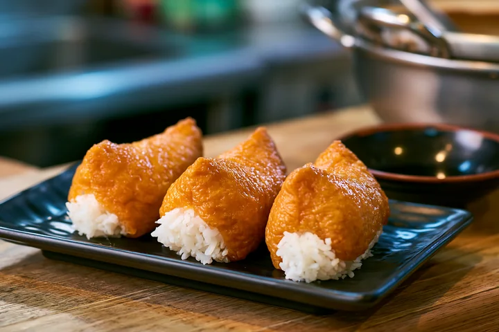Three inari sushi pockets filled with rice are placed on a black plate.
