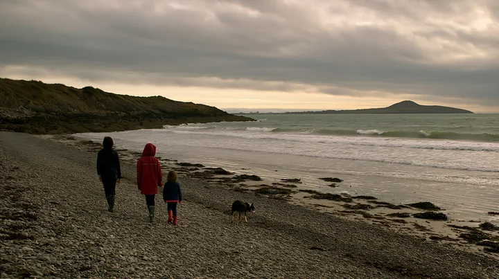 Three people and a dog walk along a rocky beach as waves wash ashore.