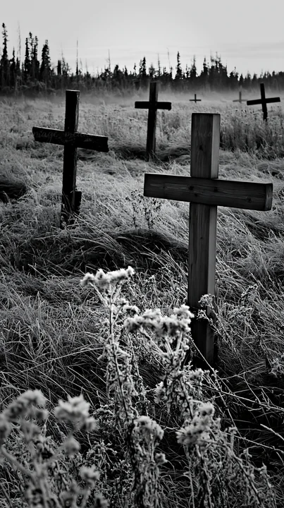 Three rustic crosses stand in a winter meadow. The ground is covered in frost, and tall grass surrounds the crosses. Trees are visible in the background as dusk