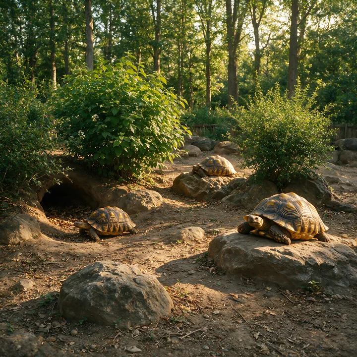 Three tortoises explore a rocky woodland enclosure surrounded by shrubs and trees.