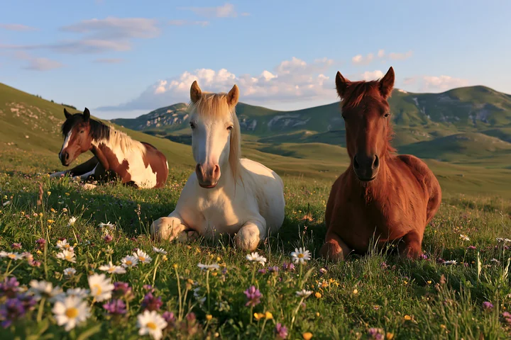 Three wild horses are lying on green grass with flowers around them after running in a meadow.