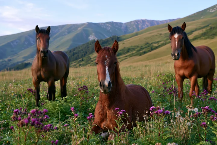 Three wild horses rest in a grassy field surrounded by flowers after running.
