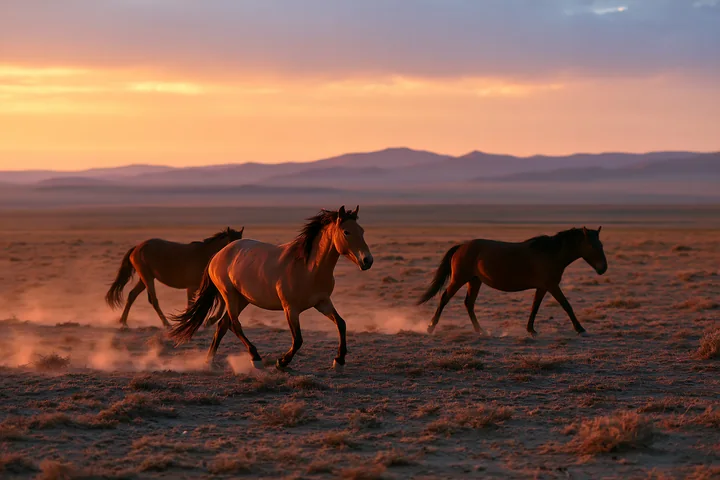 Three wild horses run across a dusty desert plain during sunset.