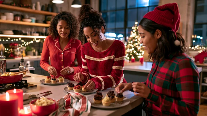 Three women prepare festive pastries together at a kitchen island decorated for Christmas.