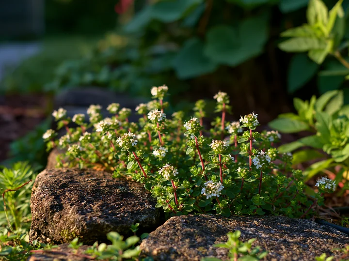 Thyme flowers bloom between stones in a garden, showcasing small white blossoms against a backdrop of green foliage and rocky textures.