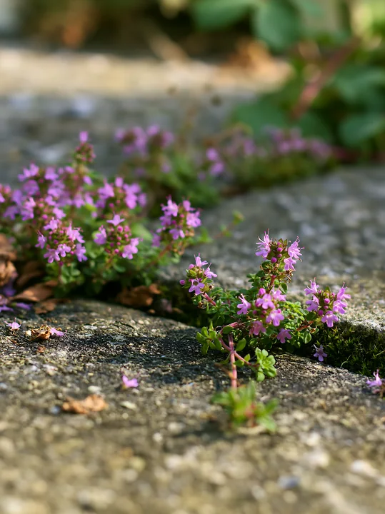 Thyme flowers grow vibrant between stones in a garden.