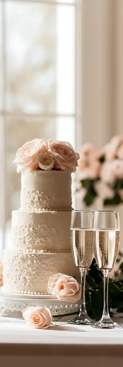 Tiered white wedding cake with peach roses stands beside two champagne glasses on a bright table.