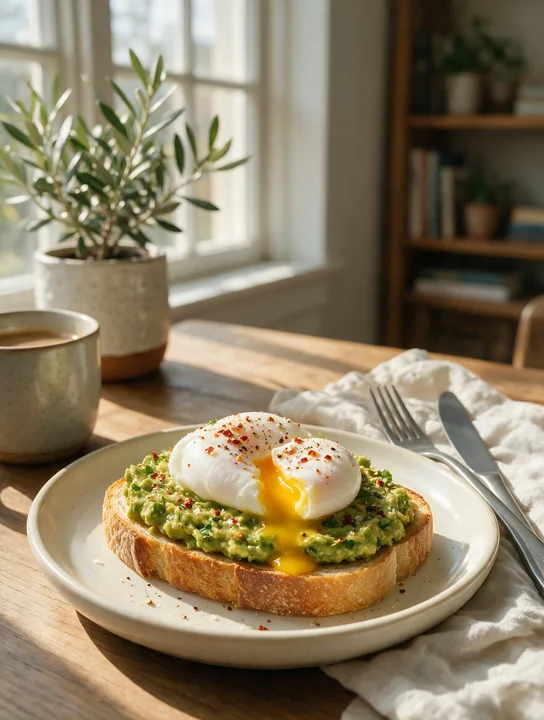 Toast topped with avocado spread and two poached eggs sits on a plate.