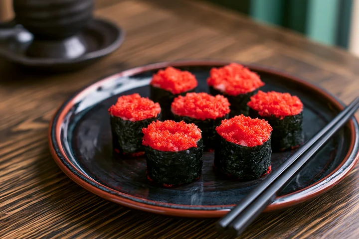 Tobiko roe sushi platter features multiple pieces of sushi arranged on a black plate.