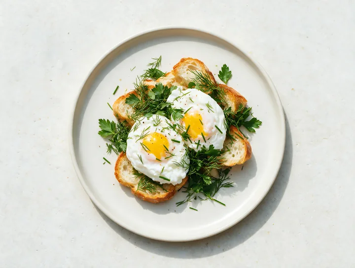 Top view of two poached eggs with herbs and toasted bread on a white breakfast plate.
