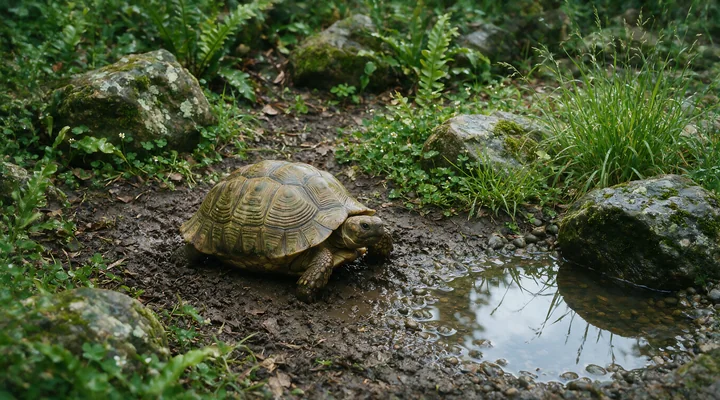 Tortoise beside a shallow pond in a natural enclosure with rocks, muddy ground, grasses, and dense green vegetation.