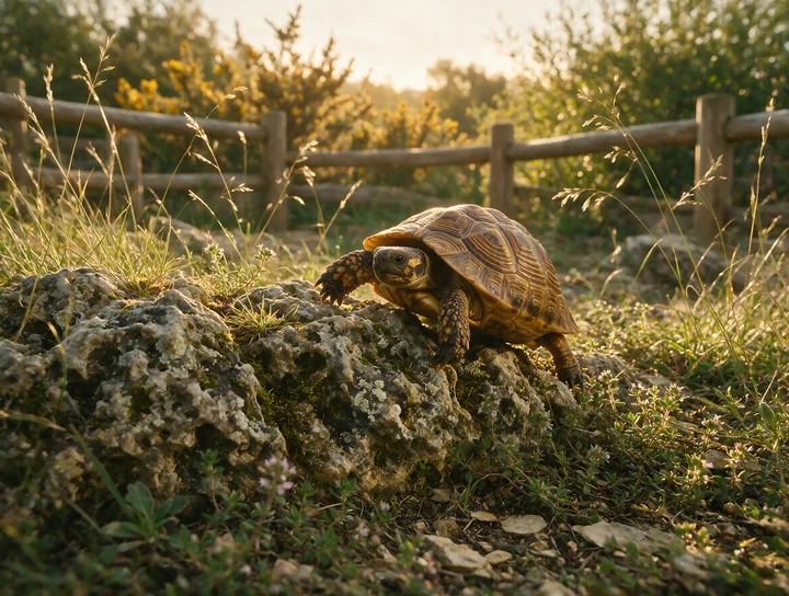 Tortoise crossing rocky ground in a natural enclosure with grasses, plants, and a wooden fence.